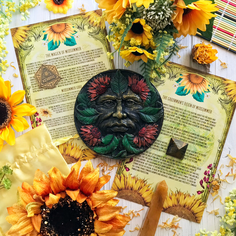 Midsummer Greenman Altar Plaque Set w/Info Card and Bag - Sabbat Box