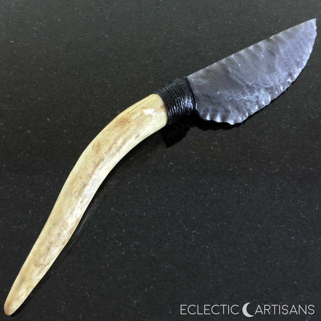 Stormy Obsidian Blade Athame w/Deer Antler Handle - 7.0 inch