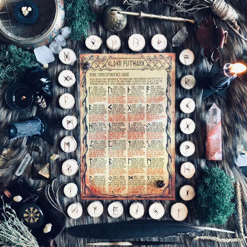 Laser Etched Poplar Rune Set w/Info Card and Velvet Bag - Sabbat Box
