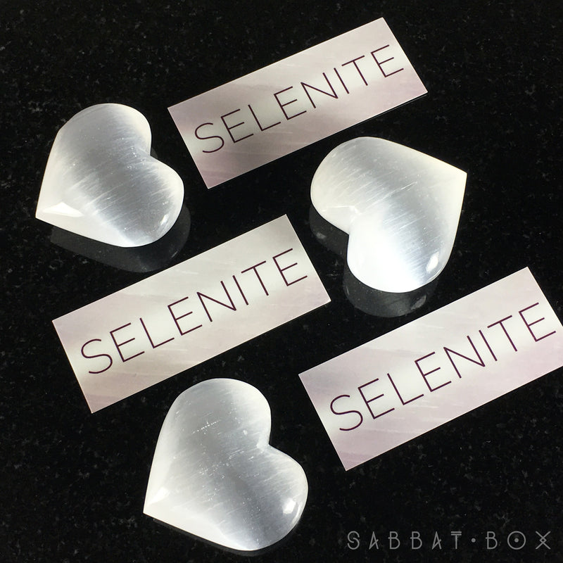 Selenite Heart Stone Set With Info Card and Purple Velour Keepsake Bag - Sabbat Box
