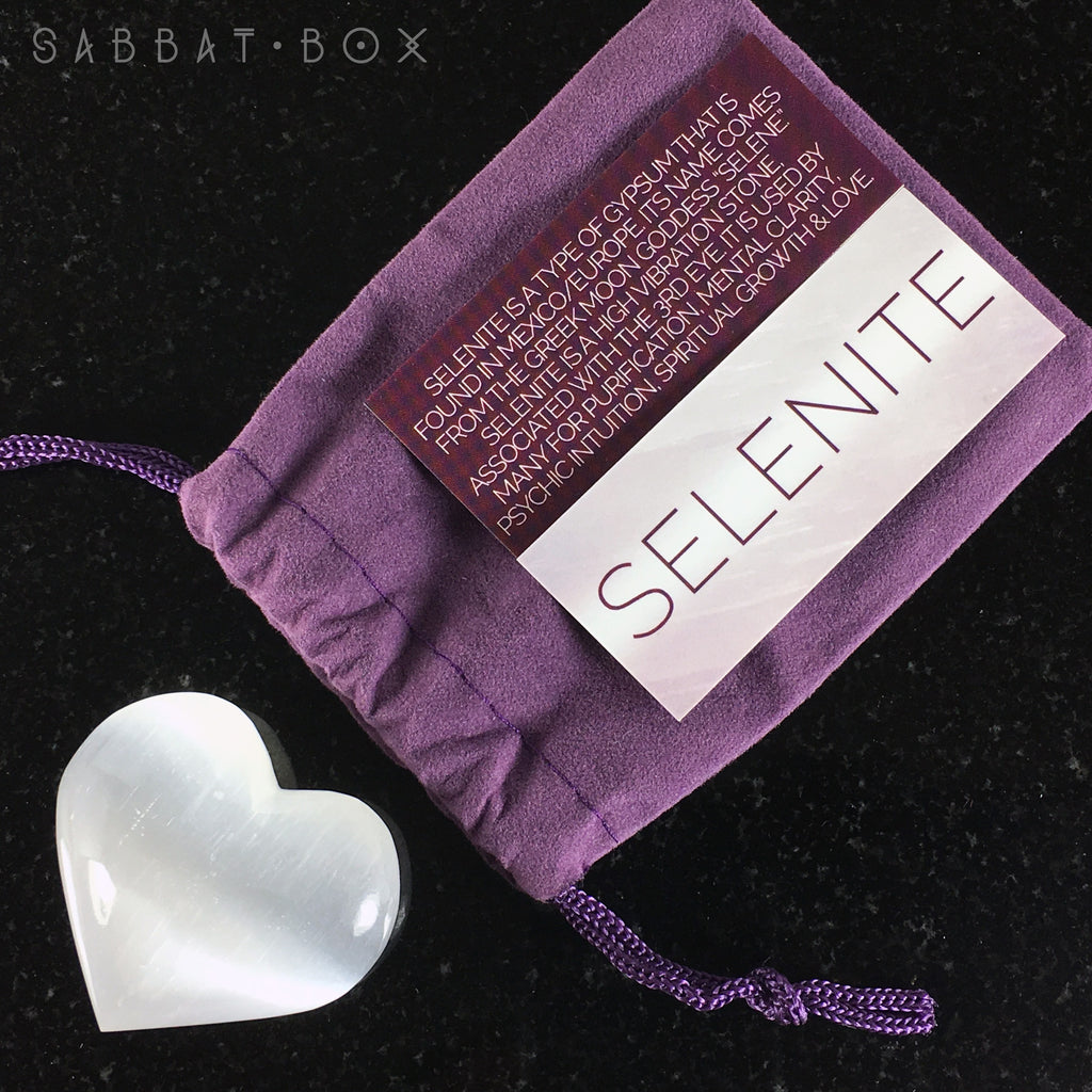 Selenite Heart Stone Set With Info Card and Purple Velour Keepsake Bag - Sabbat Box