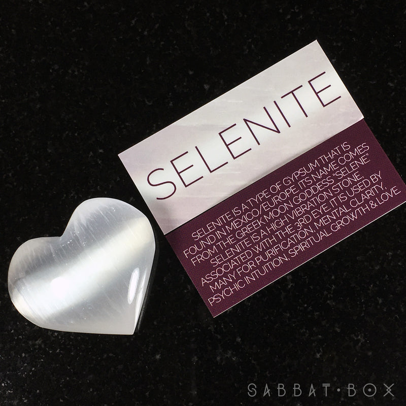 Selenite Heart Stone Set With Info Card and Purple Velour Keepsake Bag - Sabbat Box
