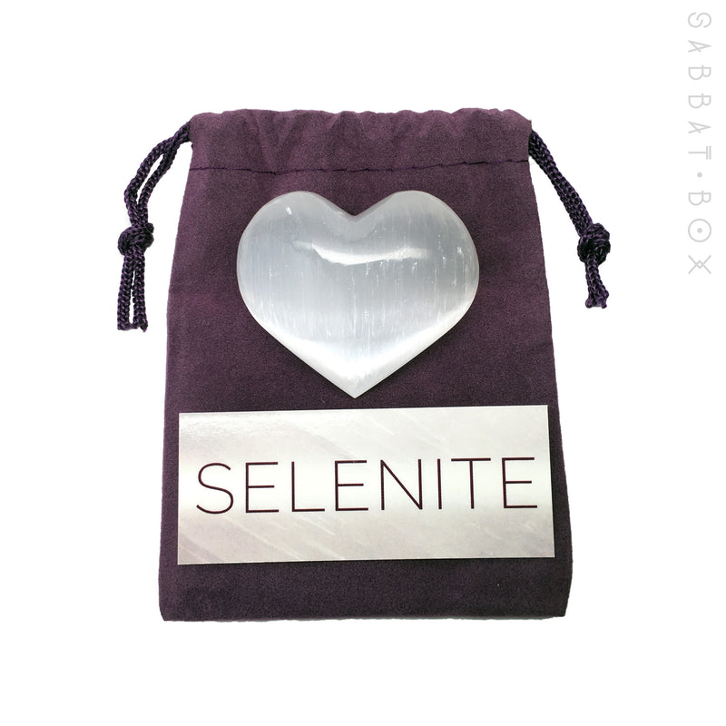 Selenite Heart Stone Set With Info Card and Purple Velour Keepsake Bag - Sabbat Box