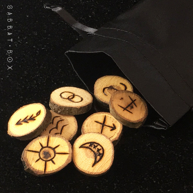 Hand Burned Witches Rune Set With Black Satin Bag