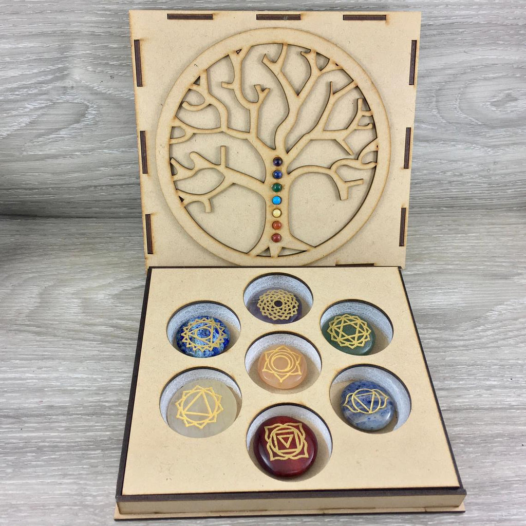 Deluxe 7 Chakra Palm Stone Set With Tree of Life Gift Box