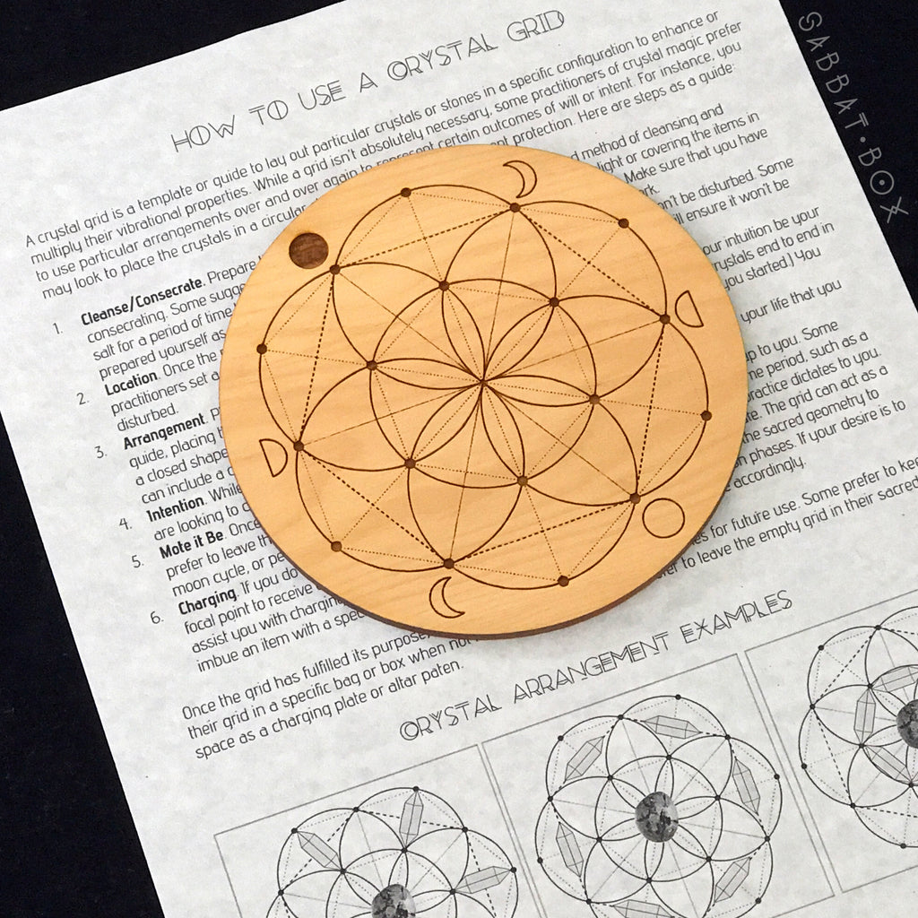 Wooden Seed Of Life Crystal Grid With Moon Phases and Instructions