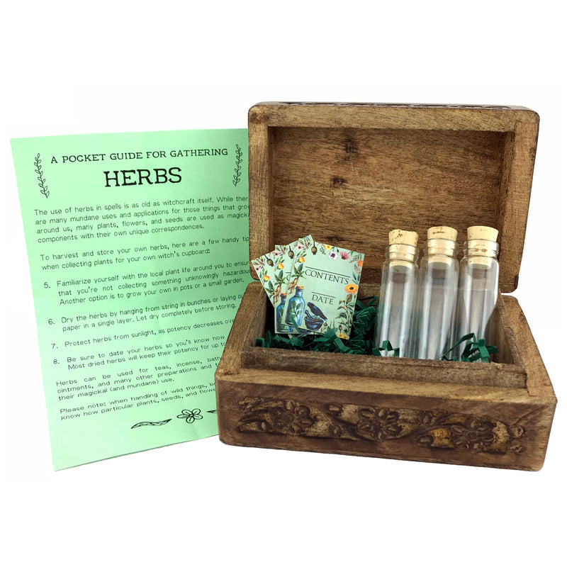 Green Witches' Herb Chest With Glass Vials and Labels - Sabbat Box