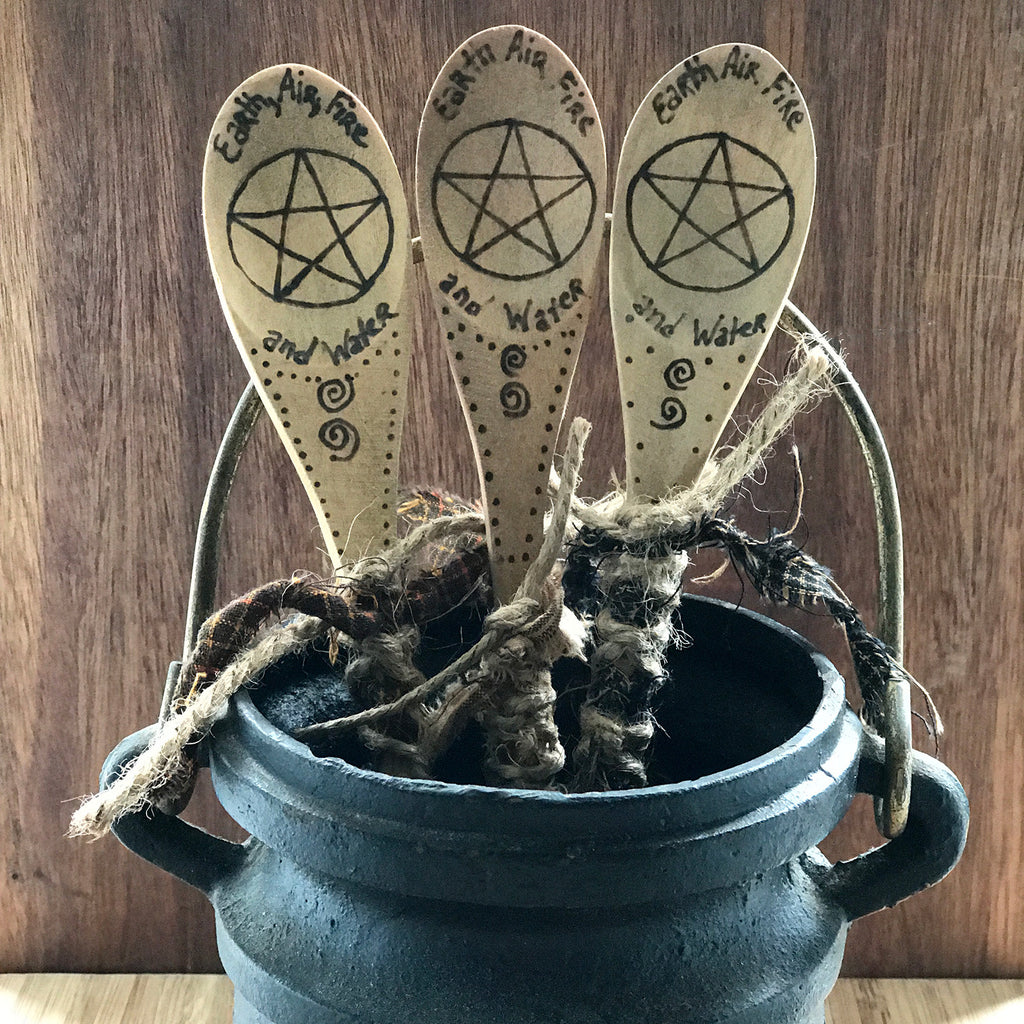 Hand Burned Elemental Pentacle Kitchen Witch Spoons - Kitchen Witch Wands - By Primitive Witchery