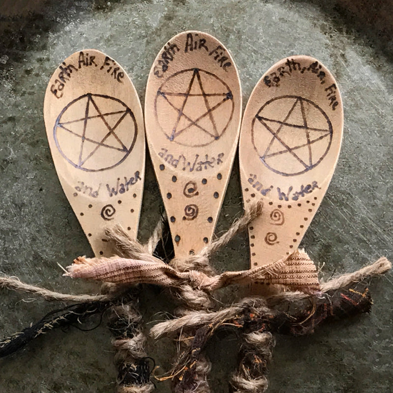 Hand Burned Elemental Pentacle Kitchen Witch Spoons - Kitchen Witch Wands - By Primitive Witchery