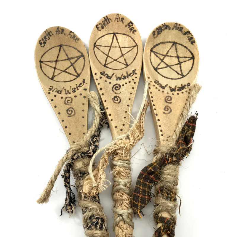 Hand Burned Kitchen Witch Spoons With Pentacle, Elements and Ribbon