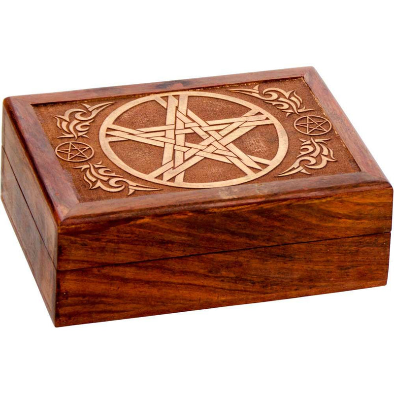 Laser Etched Pentacle Wooden Box - Velvet Lined - 5x7"