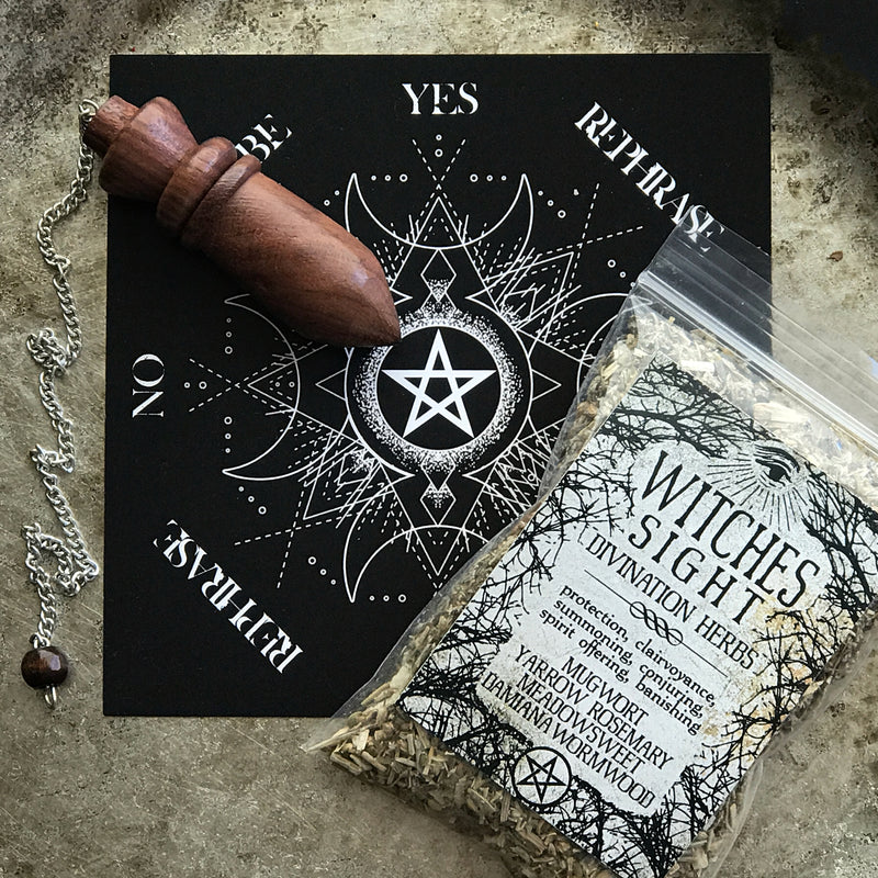 Wiccan Pendulum Kit - Sabbat Box Witches Sight Wood Chambered Pendulum Set