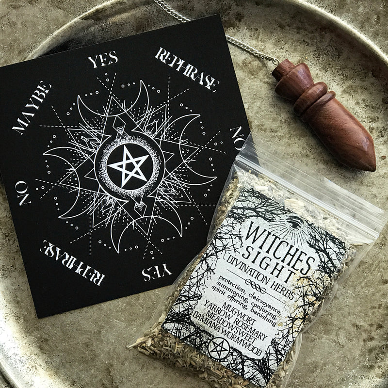 Sabbat Box Pendulum Set - Wood Chambered Pendulum With Pendulum Board and Divination Herbs
