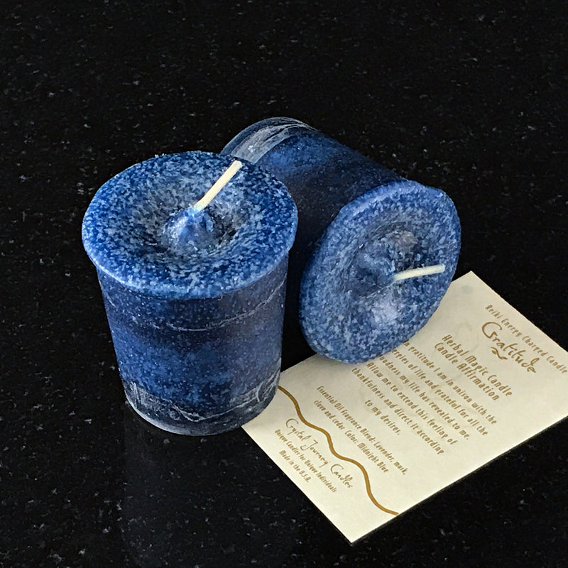 Gratitude Reiki Charged Herbal Magic Votive Candle By Crystal Journey Candle Company - In Midnight Blue - Sabbat Box