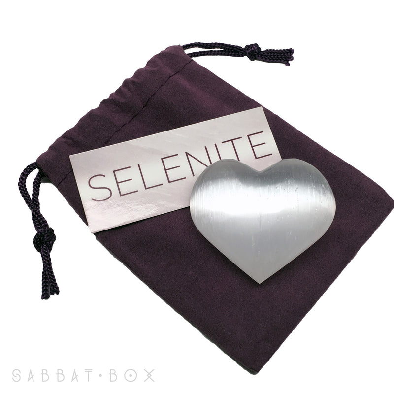 Selenite Heart Stone Set With Info Card and Purple Velour Keepsake Bag - Sabbat Box