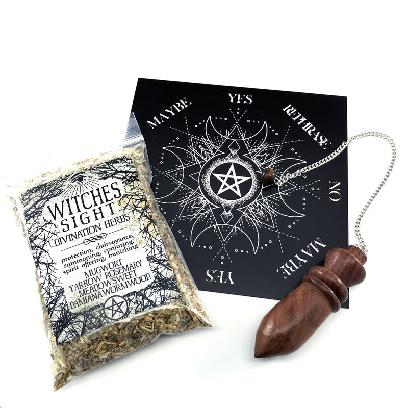 Wiccan Pendulum Kit - Sabbat Box Witches Sight Wood Chambered Pendulum Kit With Hand Carved Wooden Pendulum