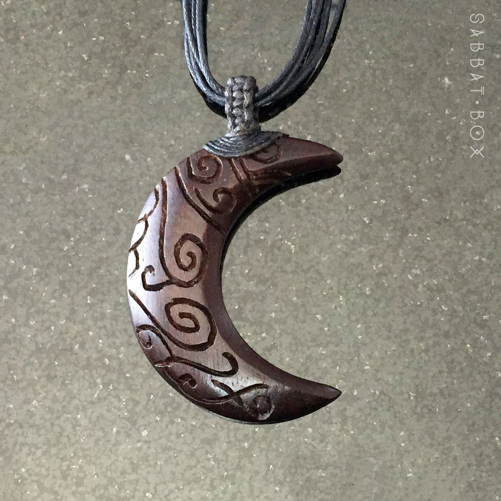 Crescent Moon Hand Carved Wood Necklace